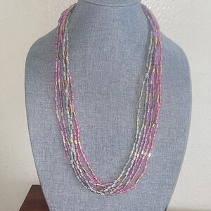Vintage HONG KONG 6 Strands Pink Purple Green Beaded Necklace